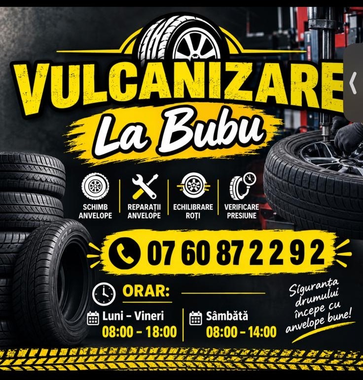 Vulcanizare La Bubu — schimb anvelope, reparații, echilibrare roți, verificare presiune. 0760 872 292.